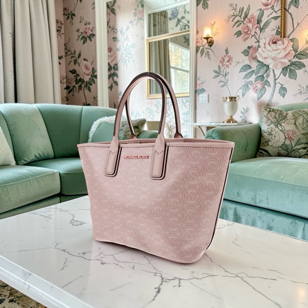 Michael Kors Jodie Small Jacquard Tote Powder Blush Pink Logo Top Handle Bag - Picture 5 of 8